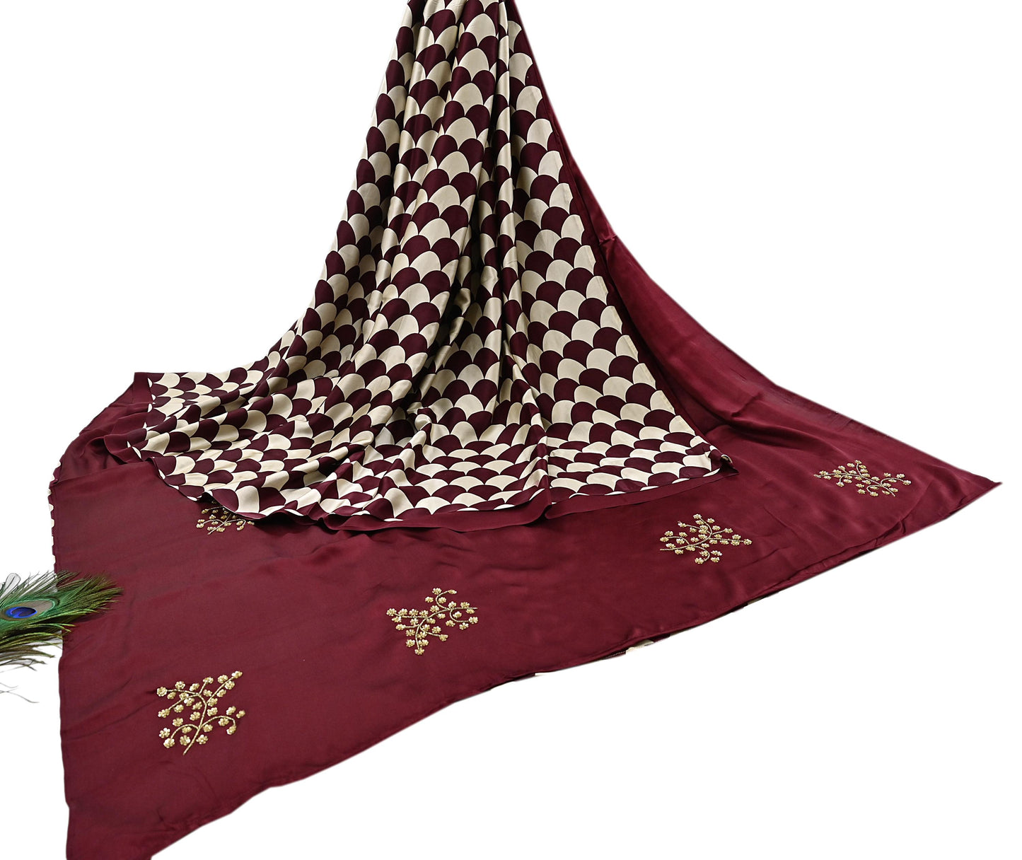 Rare Vintage Maroon & Ivory Pure Satin Silk Saree Hand Embroidered Fabric 5.5 Yards Sari Bollywood Party Wear Ethnic with Blouse fabric