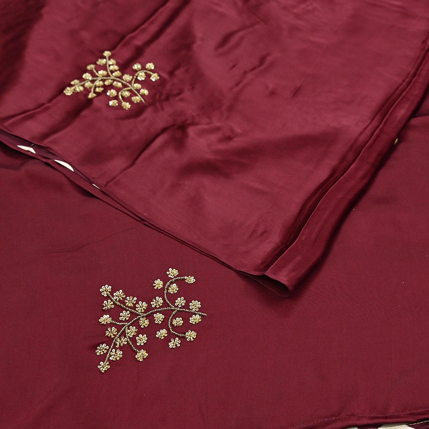 Rare Vintage Maroon & Ivory Pure Satin Silk Saree Hand Embroidered Fabric 5.5 Yards Sari Bollywood Party Wear Ethnic with Blouse fabric