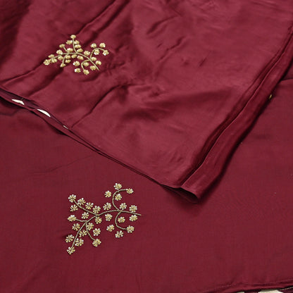 Rare Vintage Maroon & Ivory Pure Satin Silk Saree Hand Embroidered Fabric 5.5 Yards Sari Bollywood Party Wear Ethnic with Blouse fabric