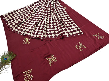 Rare Vintage Maroon & Ivory Pure Satin Silk Saree Hand Embroidered Fabric 5.5 Yards Sari Bollywood Party Wear Ethnic with Blouse fabric