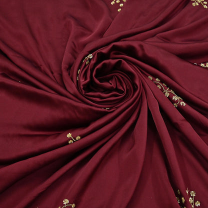 Rare Vintage Maroon & Ivory Pure Satin Silk Saree Hand Embroidered Fabric 5.5 Yards Sari Bollywood Party Wear Ethnic with Blouse fabric