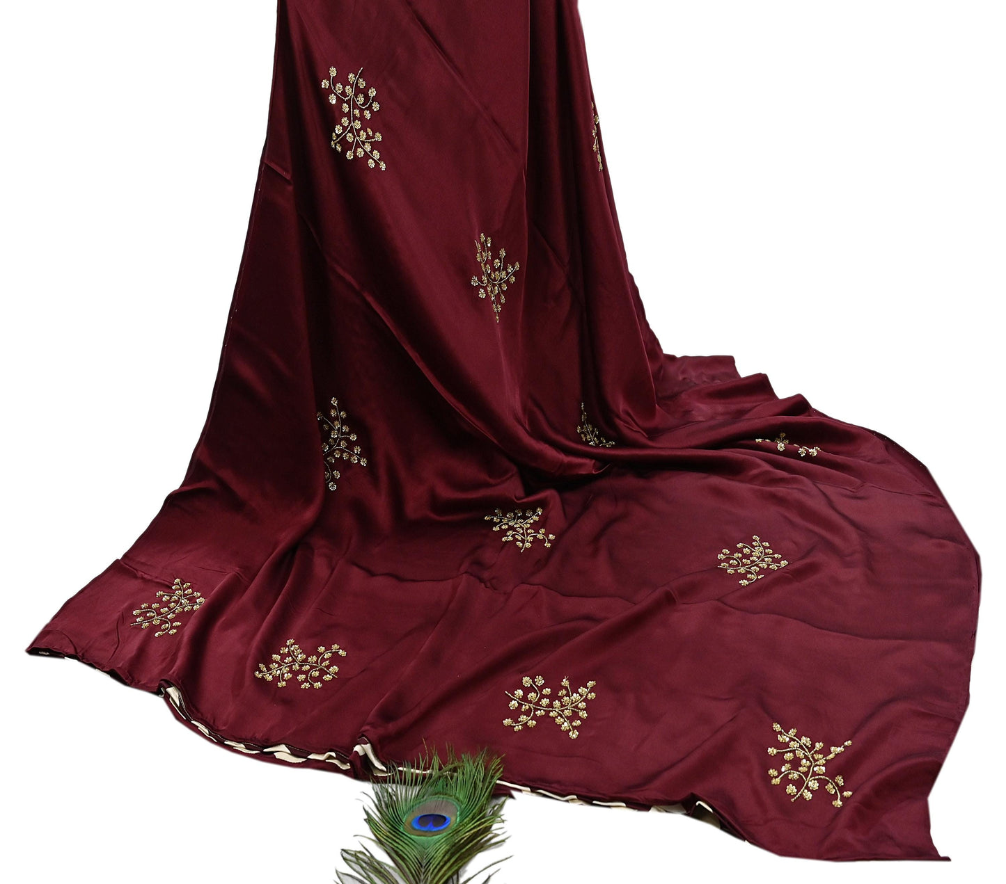Rare Vintage Maroon & Ivory Pure Satin Silk Saree Hand Embroidered Fabric 5.5 Yards Sari Bollywood Party Wear Ethnic with Blouse fabric