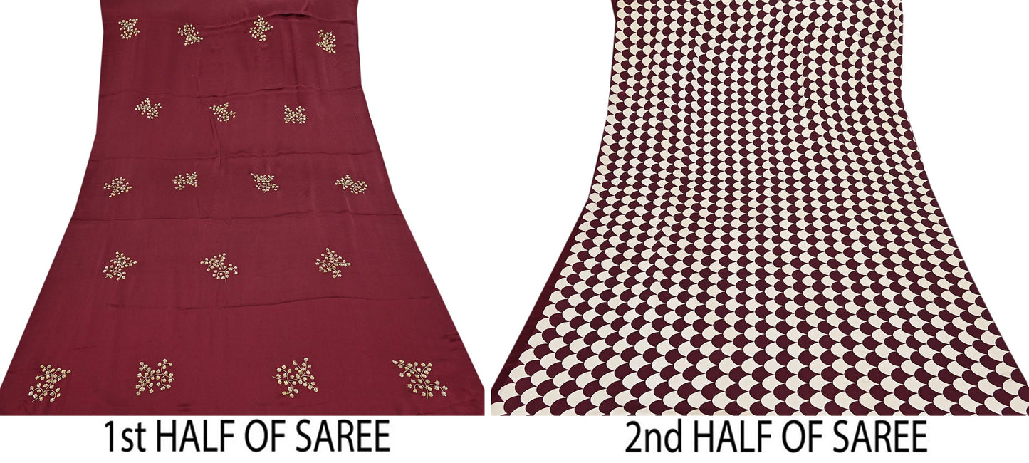 Rare Vintage Maroon & Ivory Pure Satin Silk Saree Hand Embroidered Fabric 5.5 Yards Sari Bollywood Party Wear Ethnic with Blouse fabric