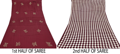 Rare Vintage Maroon & Ivory Pure Satin Silk Saree Hand Embroidered Fabric 5.5 Yards Sari Bollywood Party Wear Ethnic with Blouse fabric