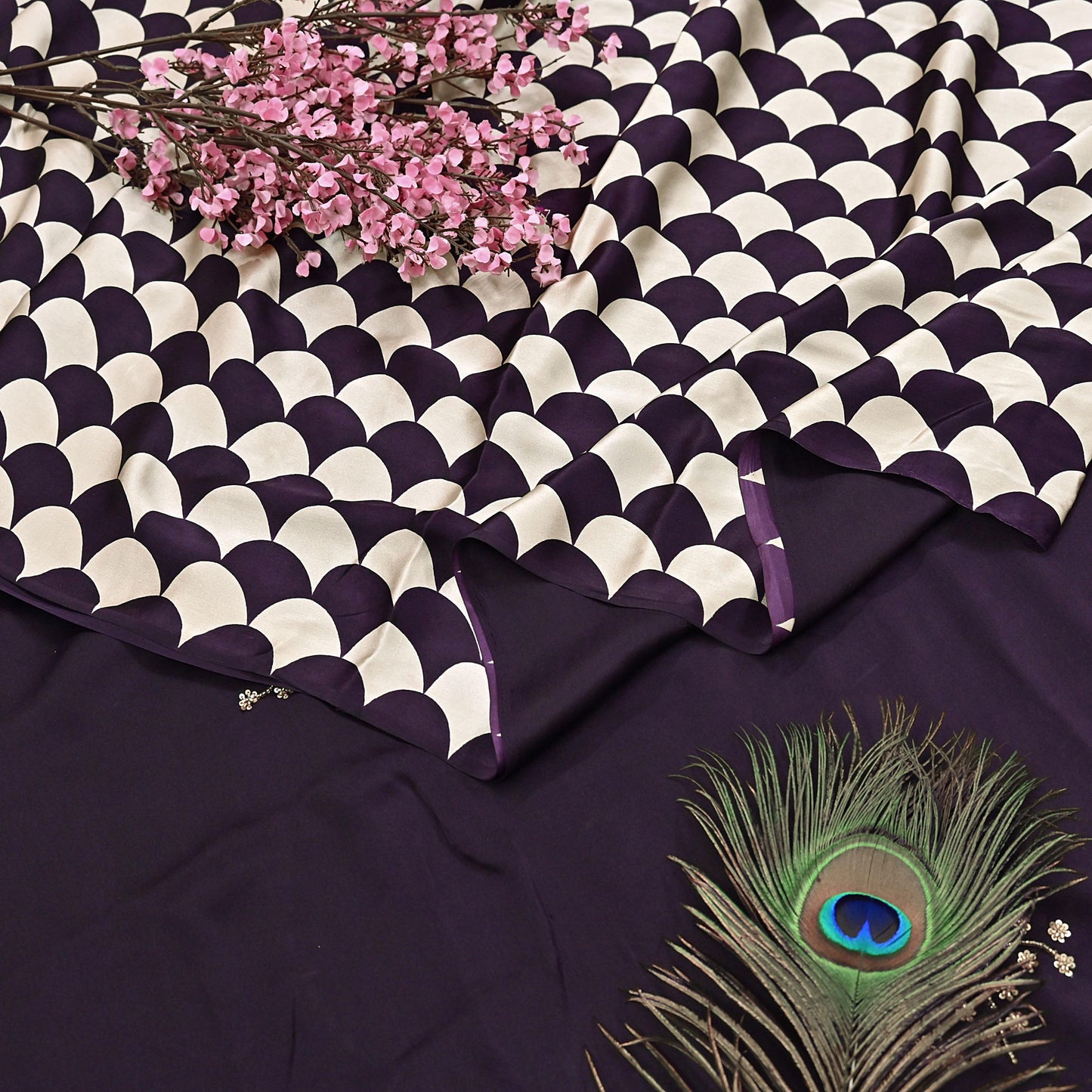 Rare Vintage Purple & Ivory Pure Satin Silk Saree Hand Embroidered Fabric 5.5 Yards Sari Bollywood Party Wear Ethnic with Blouse fabric