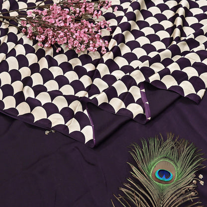 Rare Vintage Purple & Ivory Pure Satin Silk Saree Hand Embroidered Fabric 5.5 Yards Sari Bollywood Party Wear Ethnic with Blouse fabric