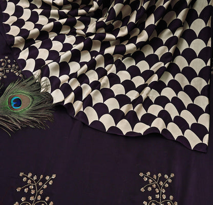 Rare Vintage Purple & Ivory Pure Satin Silk Saree Hand Embroidered Fabric 5.5 Yards Sari Bollywood Party Wear Ethnic with Blouse fabric