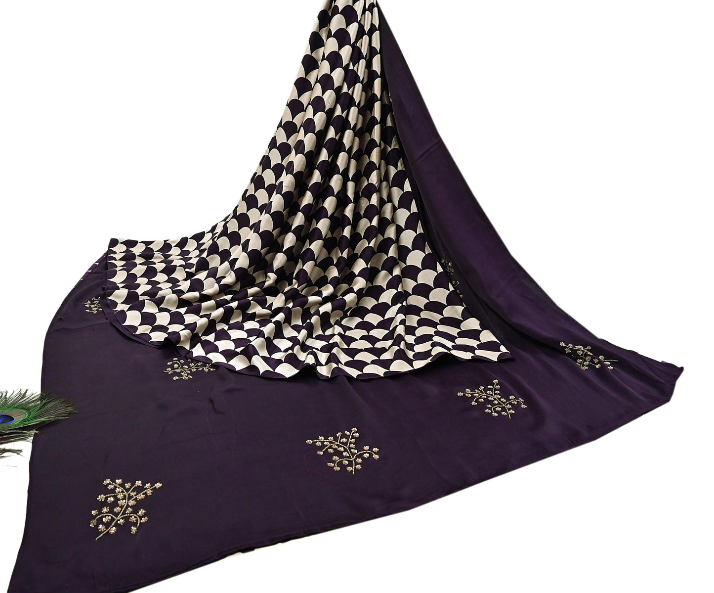 Rare Vintage Purple & Ivory Pure Satin Silk Saree Hand Embroidered Fabric 5.5 Yards Sari Bollywood Party Wear Ethnic with Blouse fabric