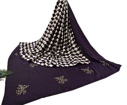 Rare Vintage Purple & Ivory Pure Satin Silk Saree Hand Embroidered Fabric 5.5 Yards Sari Bollywood Party Wear Ethnic with Blouse fabric
