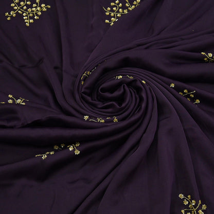 Rare Vintage Purple & Ivory Pure Satin Silk Saree Hand Embroidered Fabric 5.5 Yards Sari Bollywood Party Wear Ethnic with Blouse fabric