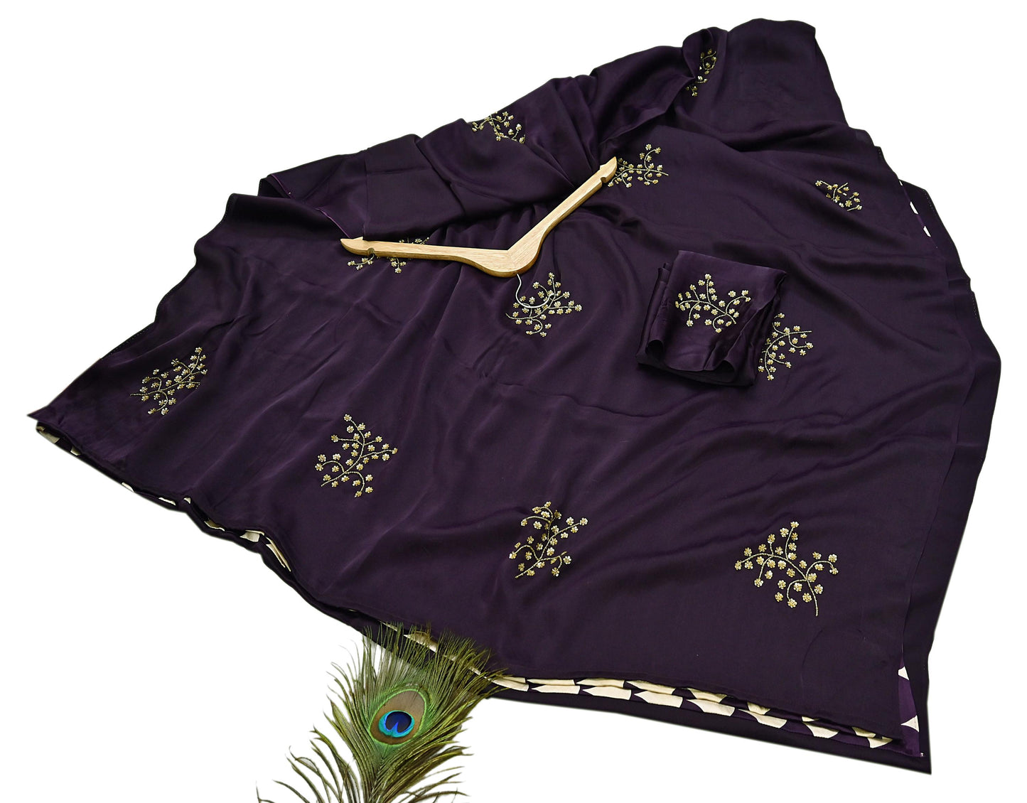 Rare Vintage Purple & Ivory Pure Satin Silk Saree Hand Embroidered Fabric 5.5 Yards Sari Bollywood Party Wear Ethnic with Blouse fabric