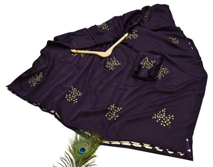 Rare Vintage Purple & Ivory Pure Satin Silk Saree Hand Embroidered Fabric 5.5 Yards Sari Bollywood Party Wear Ethnic with Blouse fabric