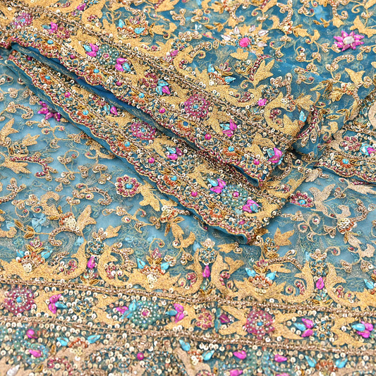 Indian Vintage Heavy Dupatta Blue Net Mesh Long Stole Hand Embroidered Scarves Sequins Glass Bead Wedding veil Wrap Boho