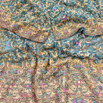 Indian Vintage Heavy Dupatta Blue Net Mesh Long Stole Hand Embroidered Scarves Sequins Glass Bead Wedding veil Wrap Boho