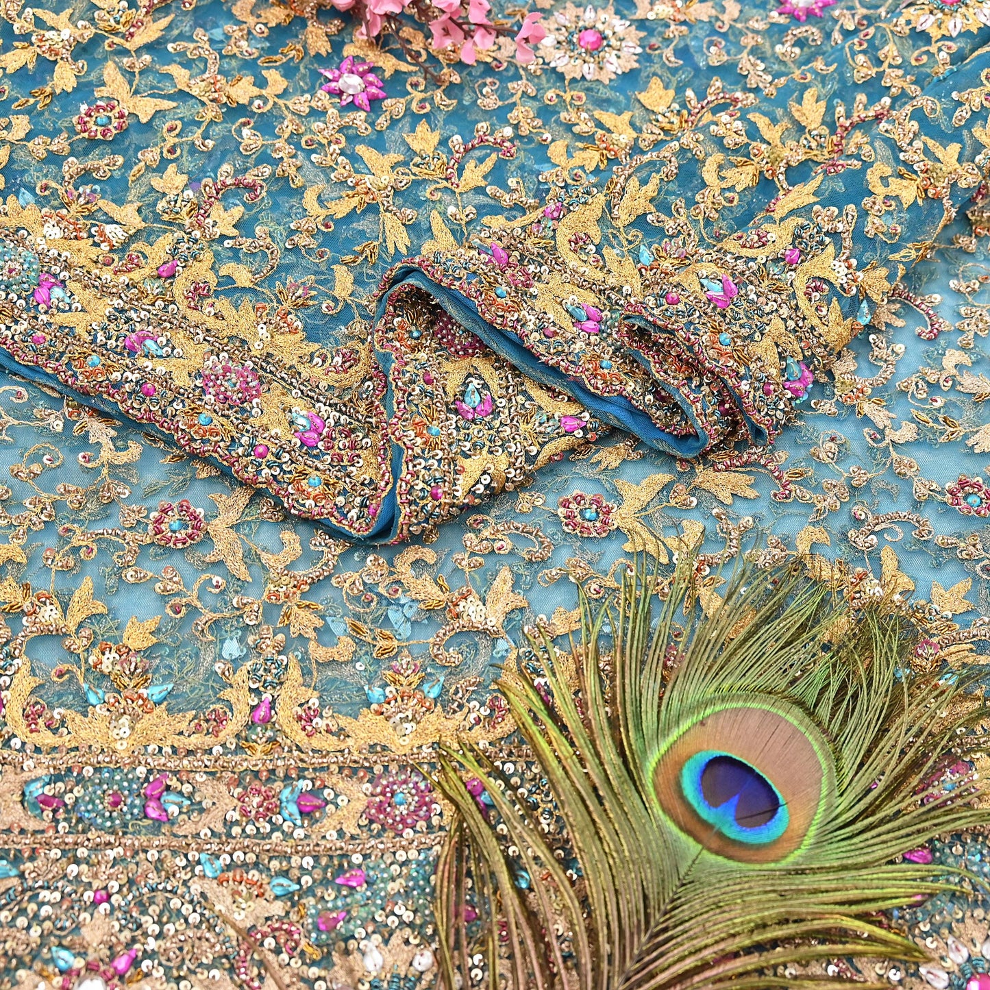 Indian Vintage Heavy Dupatta Blue Net Mesh Long Stole Hand Embroidered Scarves Sequins Glass Bead Wedding veil Wrap Boho