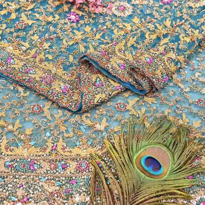 Indian Vintage Heavy Dupatta Blue Net Mesh Long Stole Hand Embroidered Scarves Sequins Glass Bead Wedding veil Wrap Boho