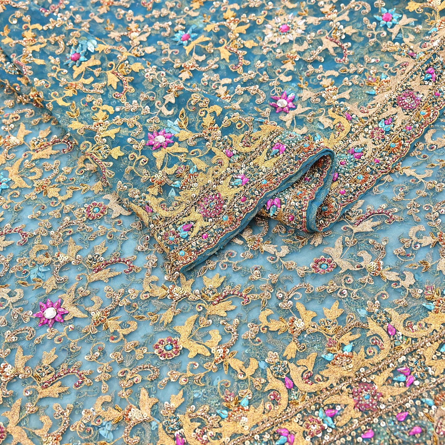 Indian Vintage Heavy Dupatta Blue Net Mesh Long Stole Hand Embroidered Scarves Sequins Glass Bead Wedding veil Wrap Boho