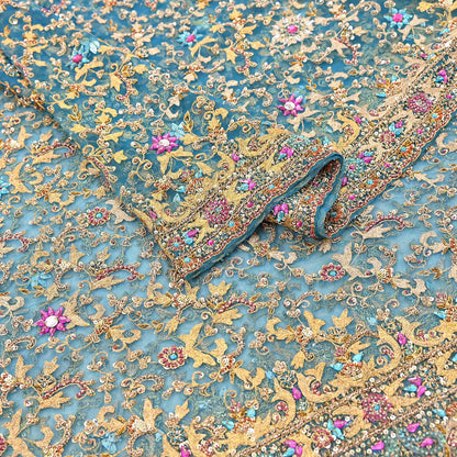 Indian Vintage Heavy Dupatta Blue Net Mesh Long Stole Hand Embroidered Scarves Sequins Glass Bead Wedding veil Wrap Boho