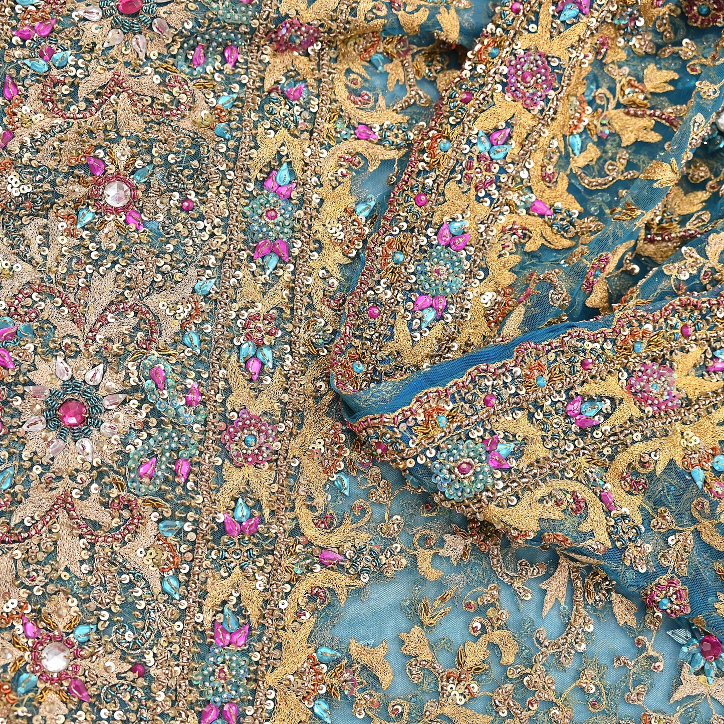 Indian Vintage Heavy Dupatta Blue Net Mesh Long Stole Hand Embroidered Scarves Sequins Glass Bead Wedding veil Wrap Boho