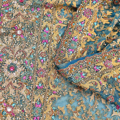 Indian Vintage Heavy Dupatta Blue Net Mesh Long Stole Hand Embroidered Scarves Sequins Glass Bead Wedding veil Wrap Boho