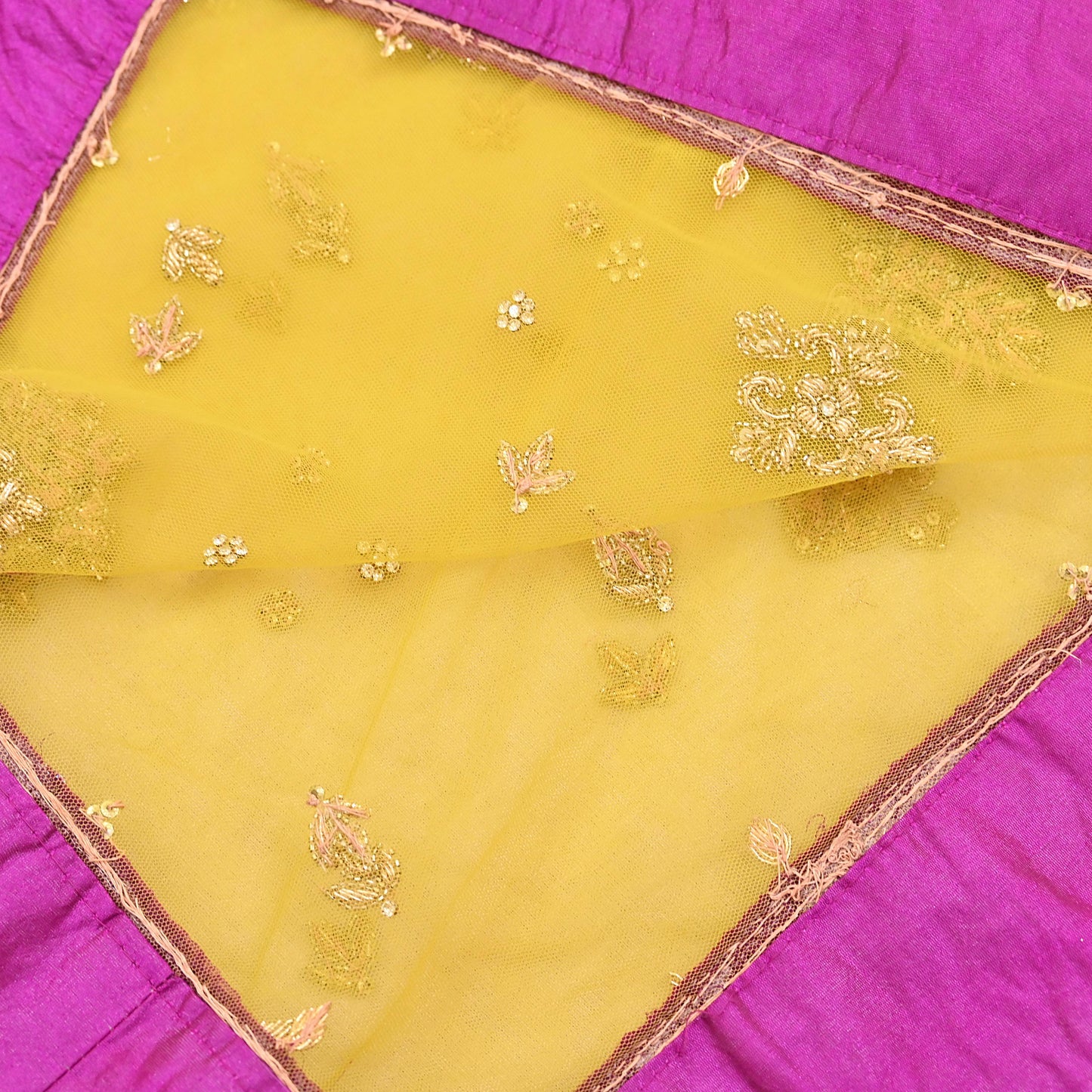Indian Vintage Heavy Yellow Dupatta Net Mesh Long Stole Hand Embroidered Scarves Glass Beaded Golden Sequins Wedding/ Bridal Veil Hijab
