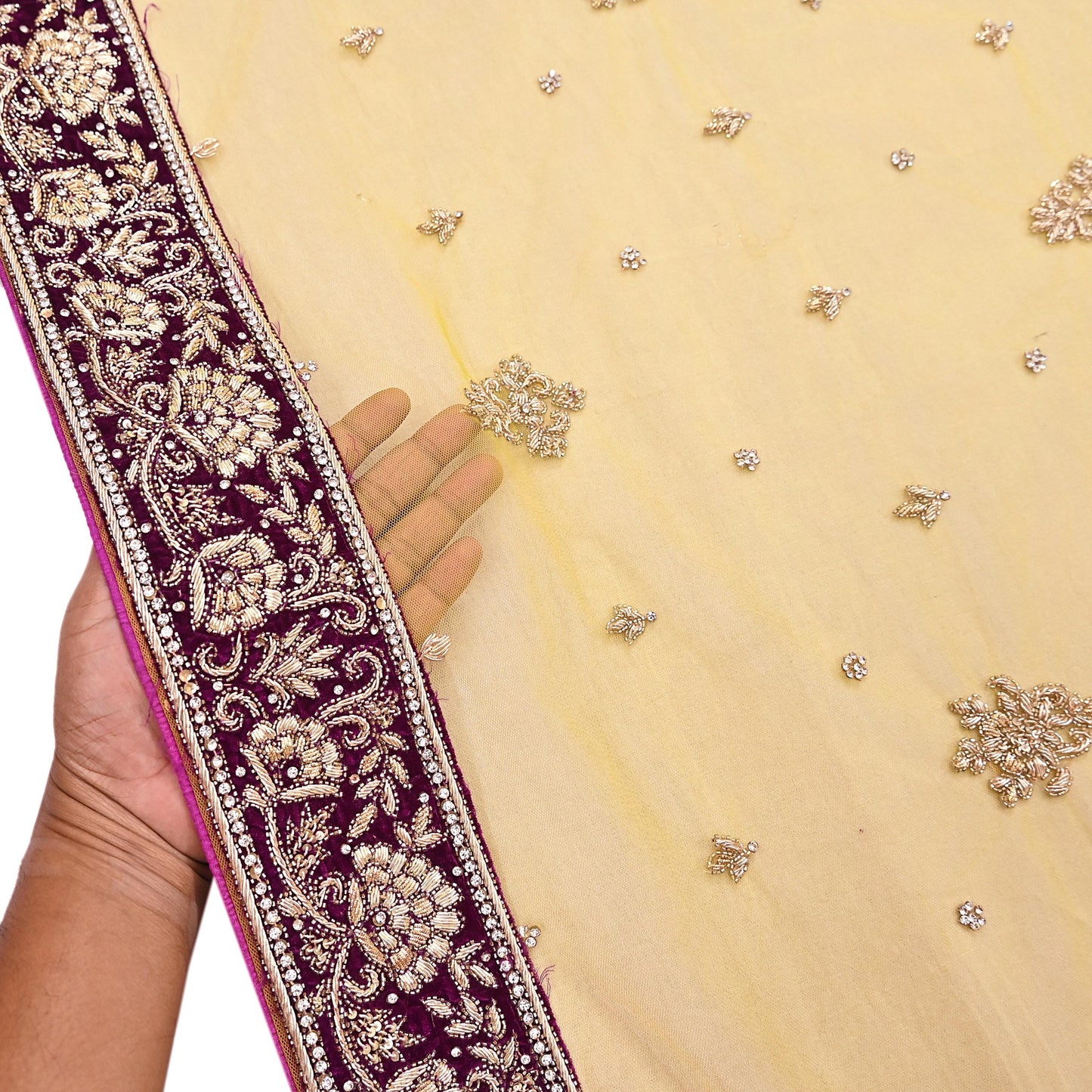 Indian Vintage Heavy Yellow Dupatta Net Mesh Long Stole Hand Embroidered Scarves Glass Beaded Golden Sequins Wedding/ Bridal Veil Hijab