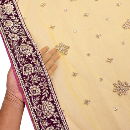 Indian Vintage Heavy Yellow Dupatta Net Mesh Long Stole Hand Embroidered Scarves Glass Beaded Golden Sequins Wedding/ Bridal Veil Hijab