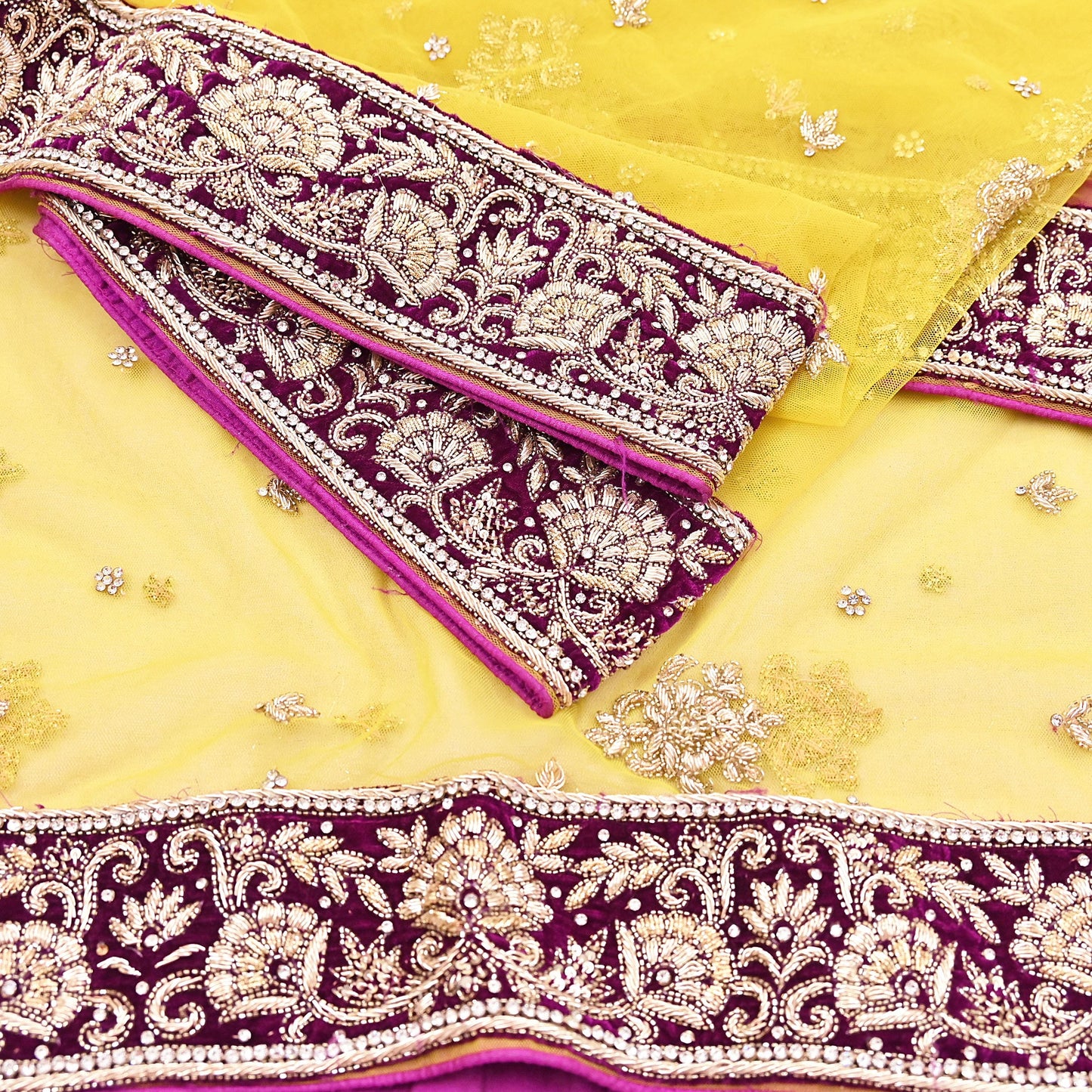 Indian Vintage Heavy Yellow Dupatta Net Mesh Long Stole Hand Embroidered Scarves Glass Beaded Golden Sequins Wedding/ Bridal Veil Hijab