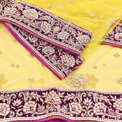Indian Vintage Heavy Yellow Dupatta Net Mesh Long Stole Hand Embroidered Scarves Glass Beaded Golden Sequins Wedding/ Bridal Veil Hijab