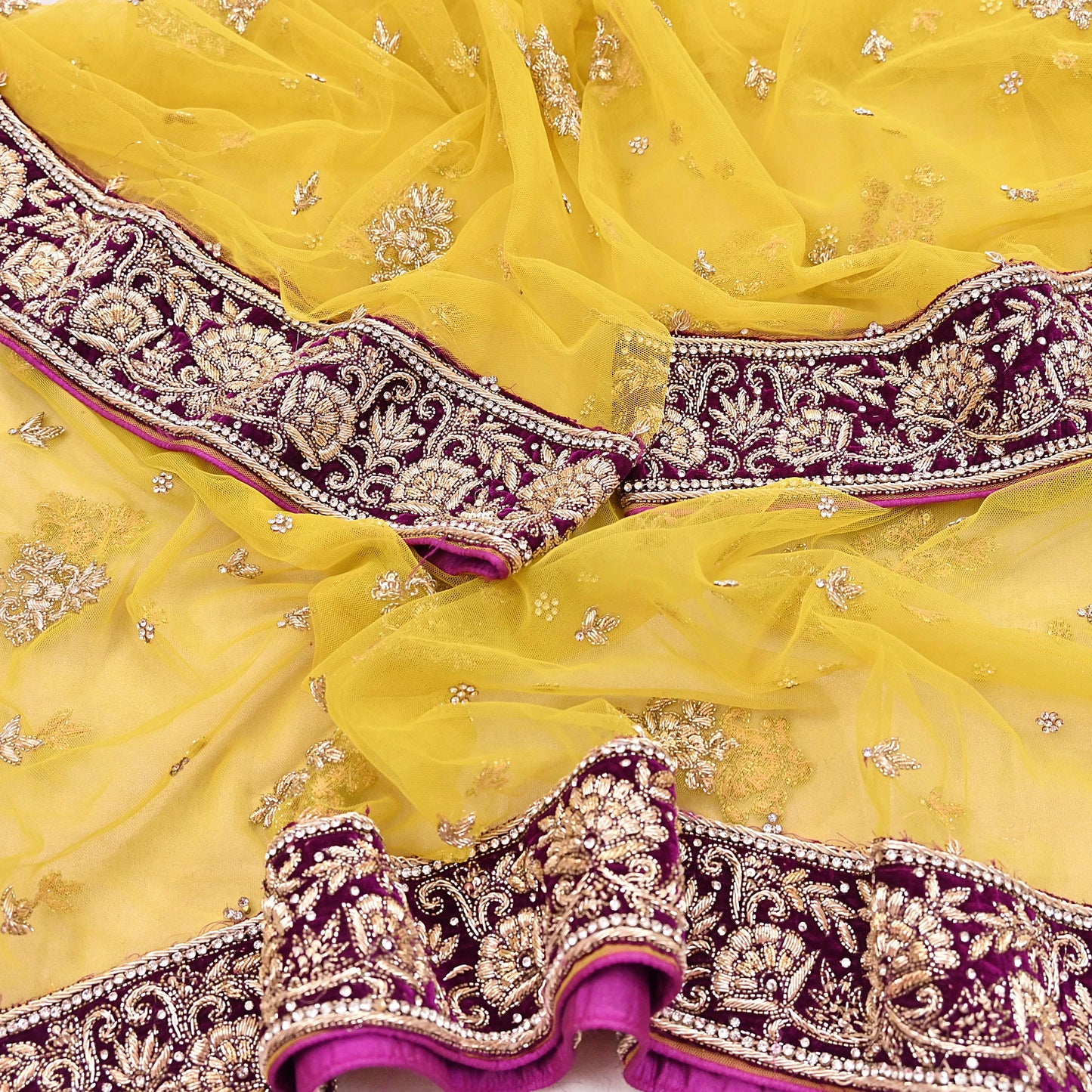 Indian Vintage Heavy Yellow Dupatta Net Mesh Long Stole Hand Embroidered Scarves Glass Beaded Golden Sequins Wedding/ Bridal Veil Hijab