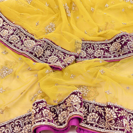 Indian Vintage Heavy Yellow Dupatta Net Mesh Long Stole Hand Embroidered Scarves Glass Beaded Golden Sequins Wedding/ Bridal Veil Hijab