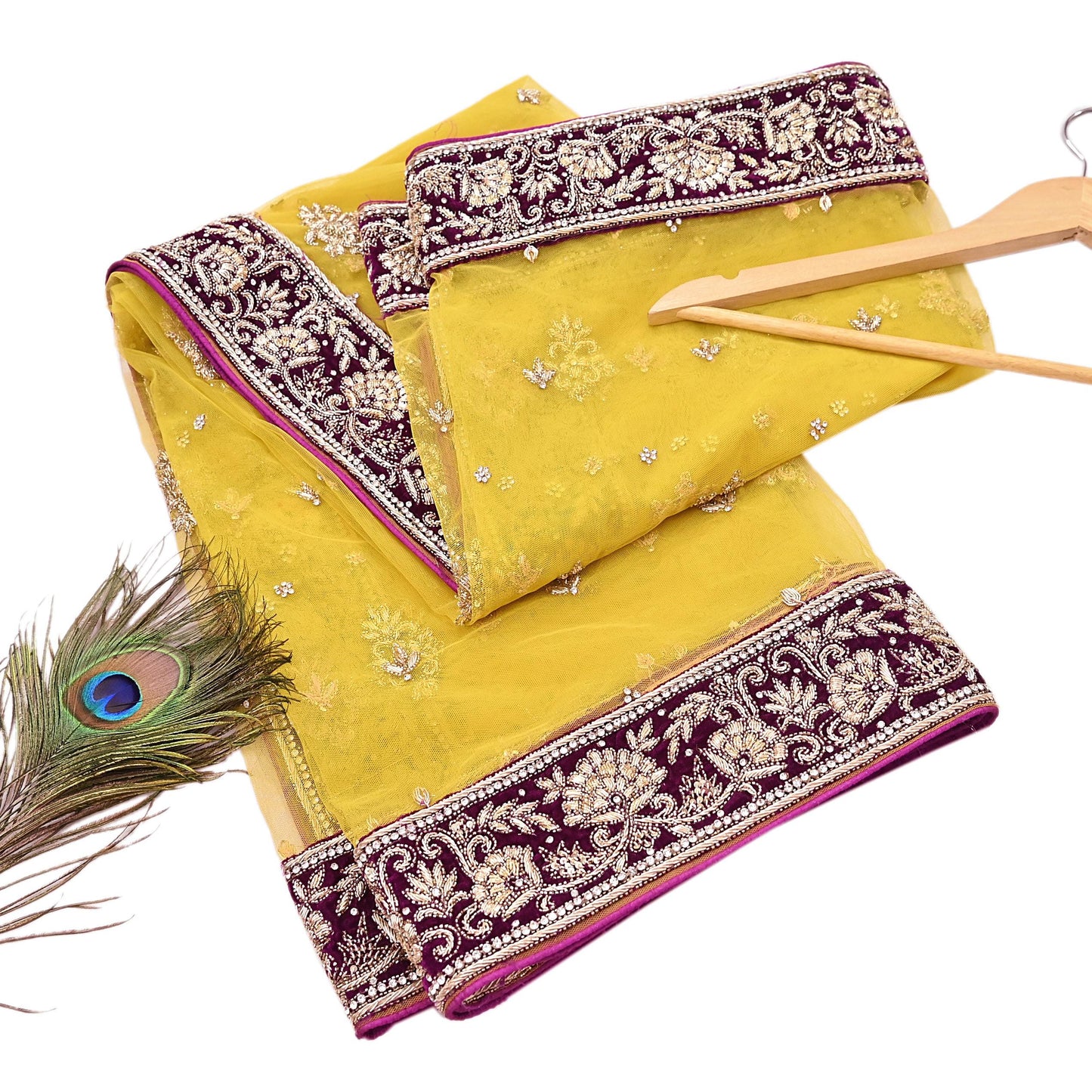 Indian Vintage Heavy Yellow Dupatta Net Mesh Long Stole Hand Embroidered Scarves Glass Beaded Golden Sequins Wedding/ Bridal Veil Hijab