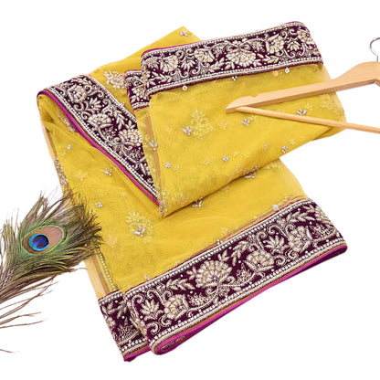 Indian Vintage Heavy Yellow Dupatta Net Mesh Long Stole Hand Embroidered Scarves Glass Beaded Golden Sequins Wedding/ Bridal Veil Hijab