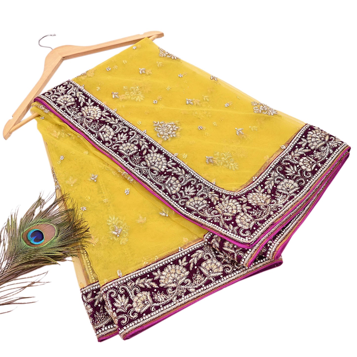 Indian Vintage Heavy Yellow Dupatta Net Mesh Long Stole Hand Embroidered Scarves Glass Beaded Golden Sequins Wedding/ Bridal Veil Hijab