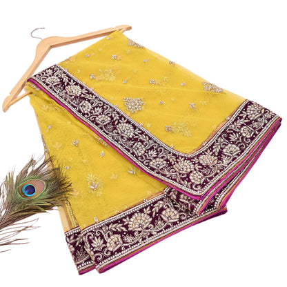 Indian Vintage Heavy Yellow Dupatta Net Mesh Long Stole Hand Embroidered Scarves Glass Beaded Golden Sequins Wedding/ Bridal Veil Hijab