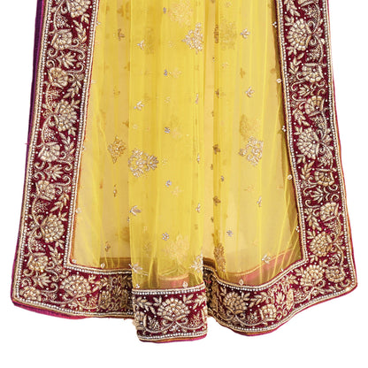 Indian Vintage Heavy Yellow Dupatta Net Mesh Long Stole Hand Embroidered Scarves Glass Beaded Golden Sequins Wedding/ Bridal Veil Hijab