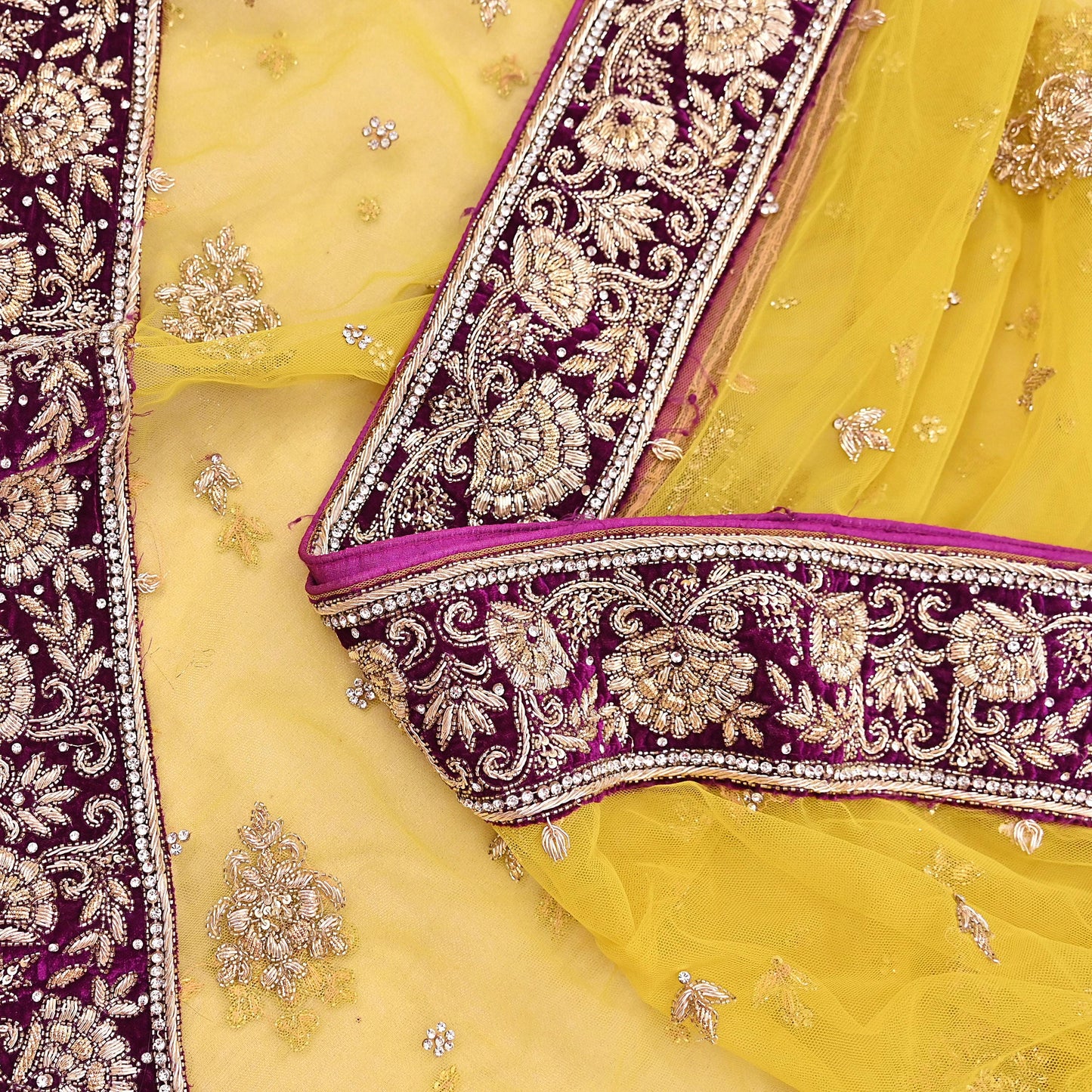 Indian Vintage Heavy Yellow Dupatta Net Mesh Long Stole Hand Embroidered Scarves Glass Beaded Golden Sequins Wedding/ Bridal Veil Hijab