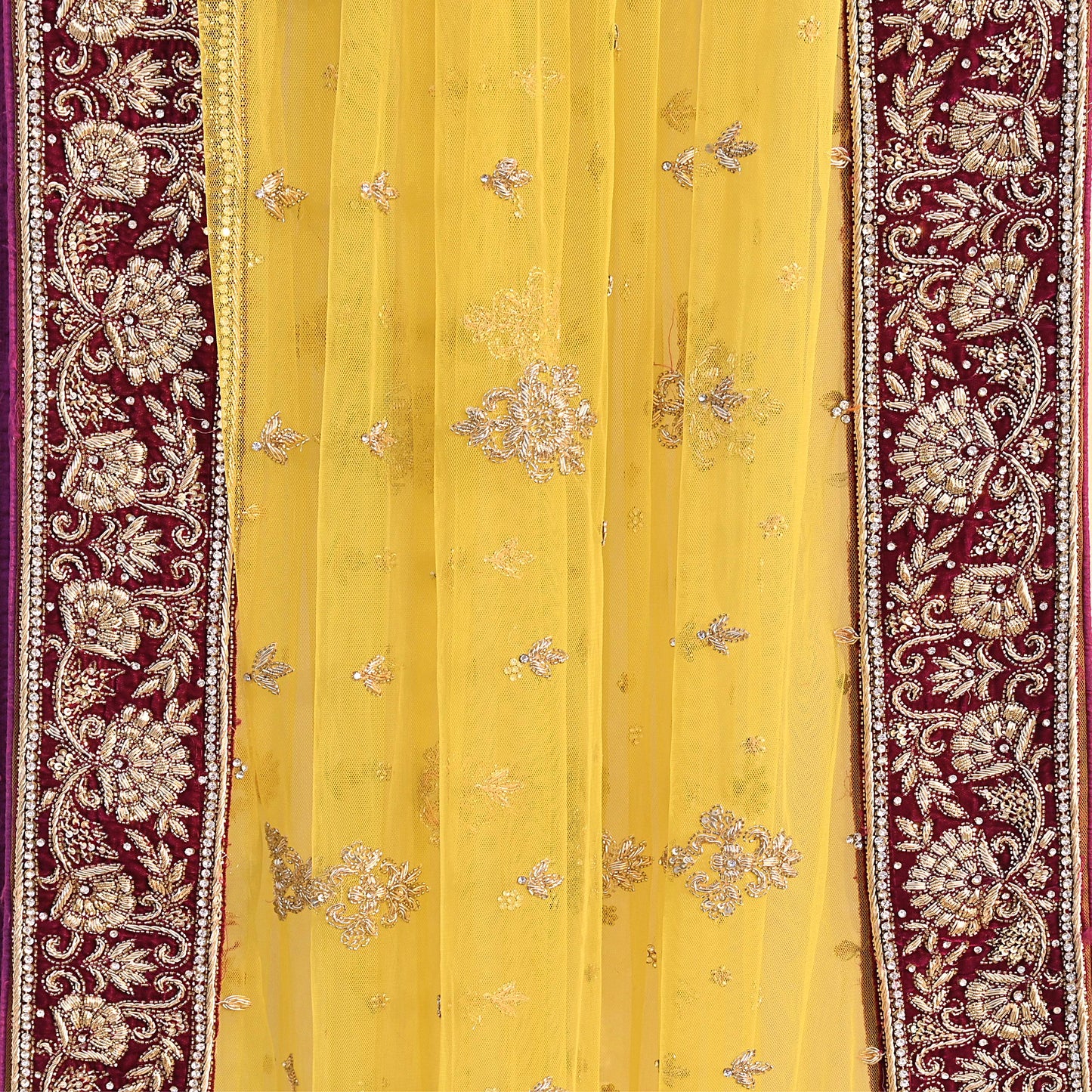 Indian Vintage Heavy Yellow Dupatta Net Mesh Long Stole Hand Embroidered Scarves Glass Beaded Golden Sequins Wedding/ Bridal Veil Hijab