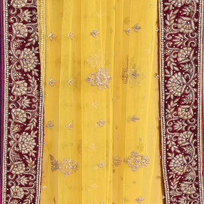 Indian Vintage Heavy Yellow Dupatta Net Mesh Long Stole Hand Embroidered Scarves Glass Beaded Golden Sequins Wedding/ Bridal Veil Hijab