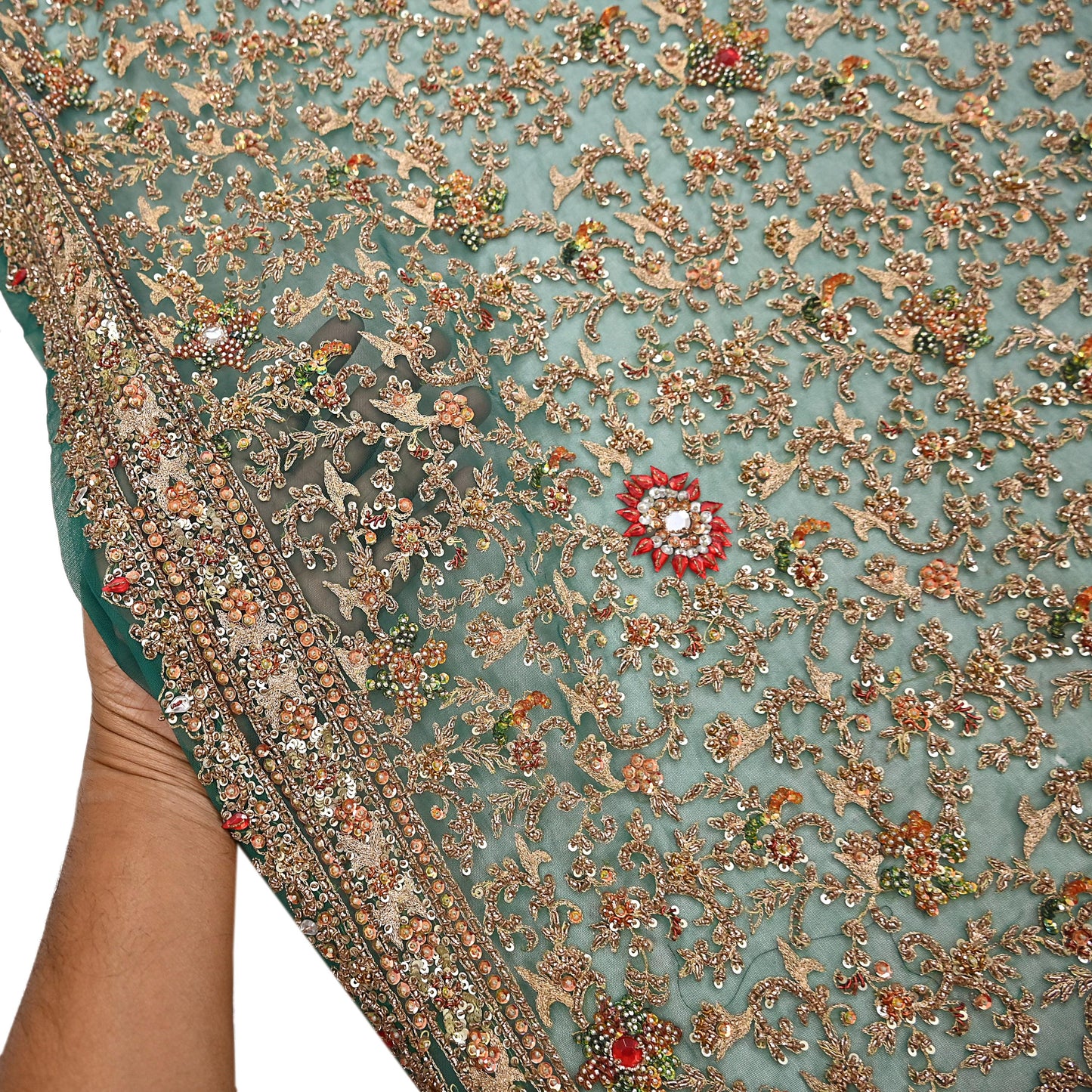 Indian Vintage Heavy Dupatta Green Net Mesh Long Stole Hand Embroidered Scarves Sequins Glass Bead Wedding veil Wrap Boho