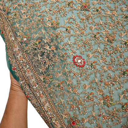 Indian Vintage Heavy Dupatta Green Net Mesh Long Stole Hand Embroidered Scarves Sequins Glass Bead Wedding veil Wrap Boho