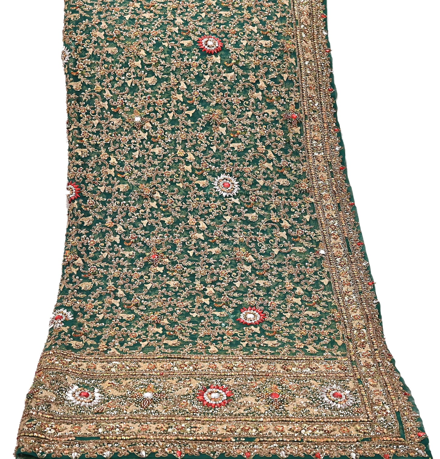 Indian Vintage Heavy Dupatta Green Net Mesh Long Stole Hand Embroidered Scarves Sequins Glass Bead Wedding veil Wrap Boho