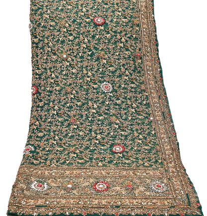 Indian Vintage Heavy Dupatta Green Net Mesh Long Stole Hand Embroidered Scarves Sequins Glass Bead Wedding veil Wrap Boho