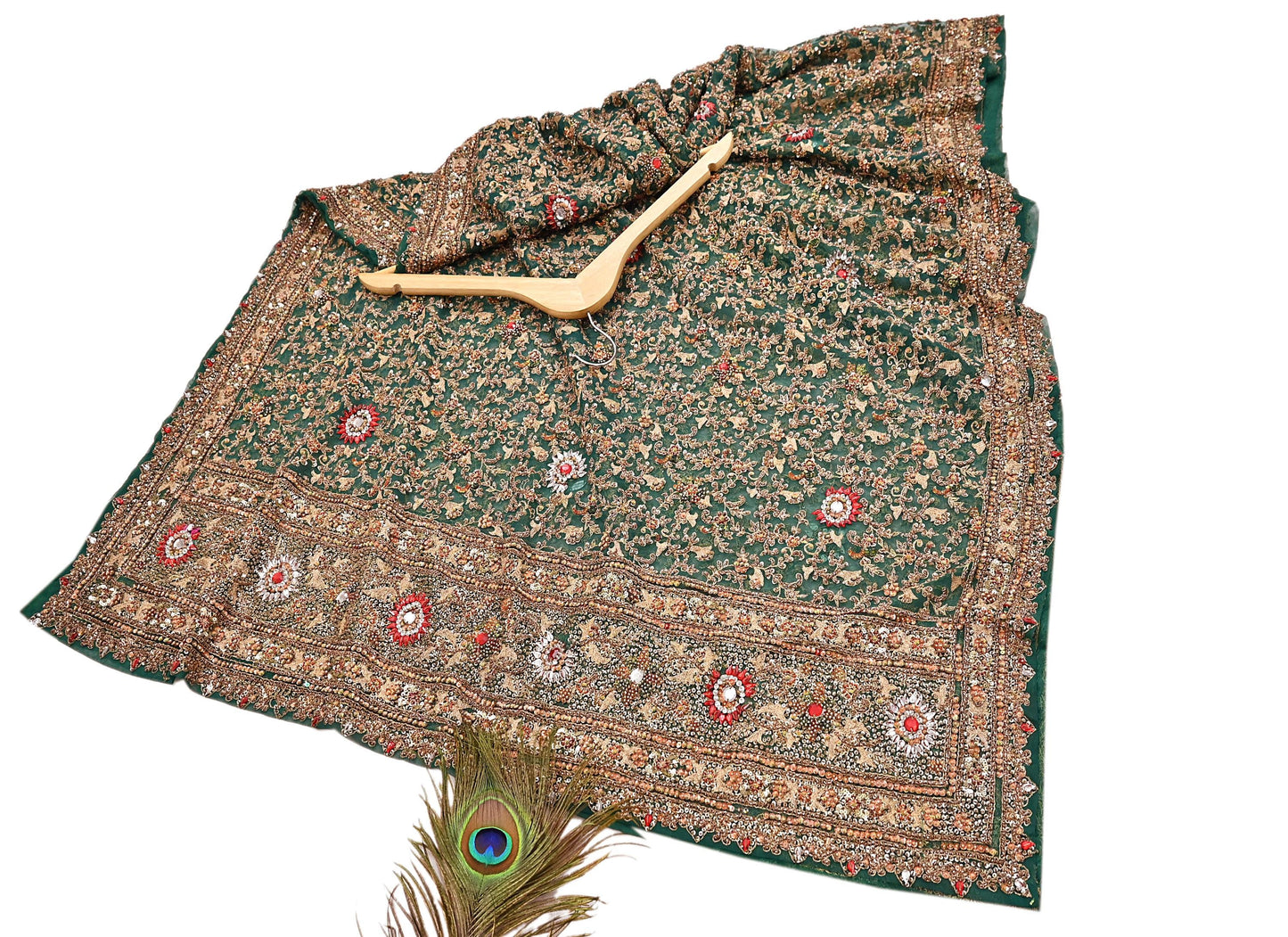 Indian Vintage Heavy Dupatta Green Net Mesh Long Stole Hand Embroidered Scarves Sequins Glass Bead Wedding veil Wrap Boho