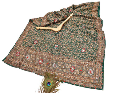 Indian Vintage Heavy Dupatta Green Net Mesh Long Stole Hand Embroidered Scarves Sequins Glass Bead Wedding veil Wrap Boho