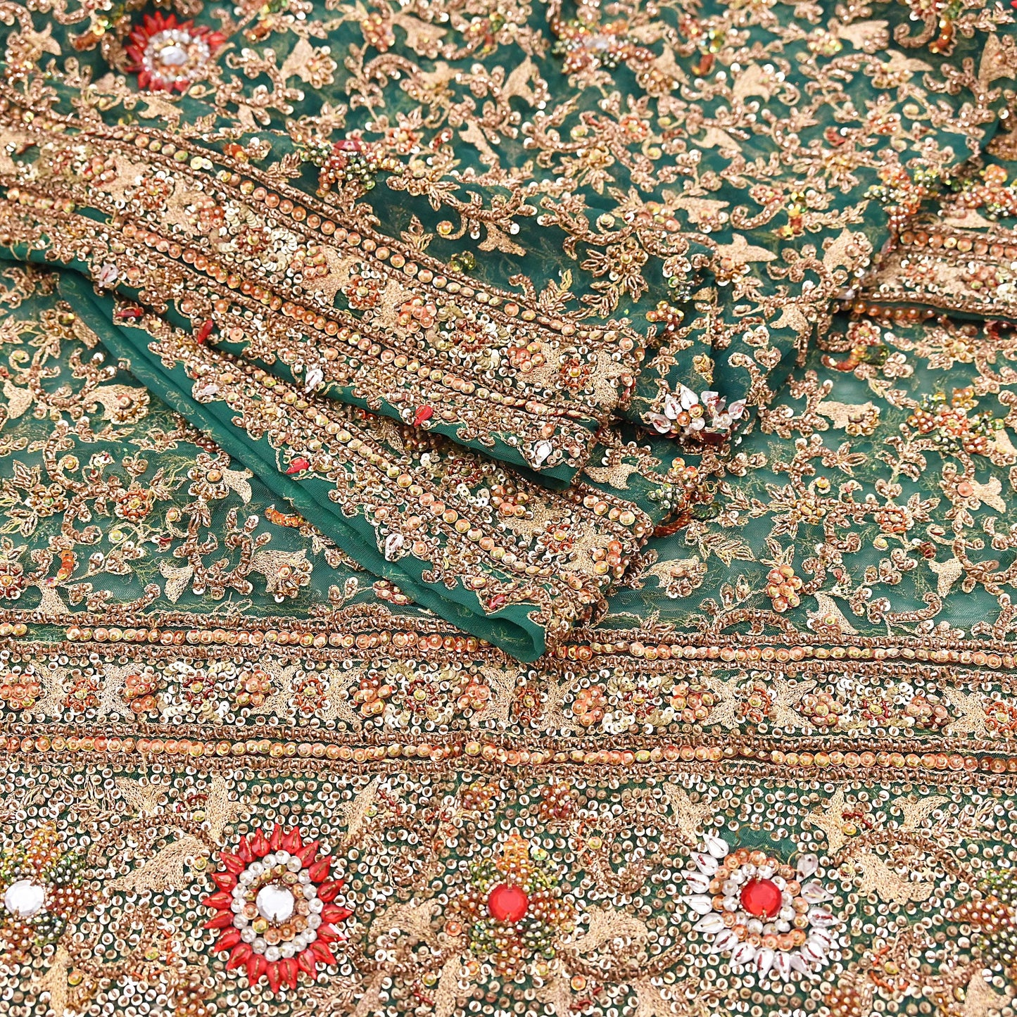 Indian Vintage Heavy Dupatta Green Net Mesh Long Stole Hand Embroidered Scarves Sequins Glass Bead Wedding veil Wrap Boho