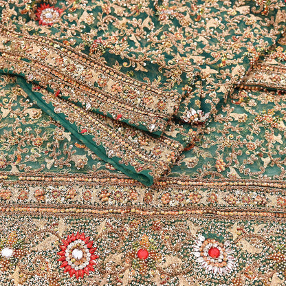 Indian Vintage Heavy Dupatta Green Net Mesh Long Stole Hand Embroidered Scarves Sequins Glass Bead Wedding veil Wrap Boho