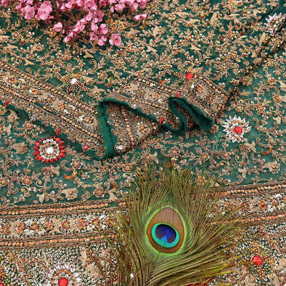 Indian Vintage Heavy Dupatta Green Net Mesh Long Stole Hand Embroidered Scarves Sequins Glass Bead Wedding veil Wrap Boho