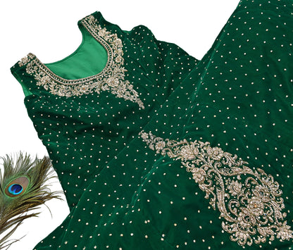 Bottle Green Velvet Anarkali Gown Vintage Bollywood Dress Zardozi Embroidered Floor Length Ethnic Party Wear Wedding Outfit