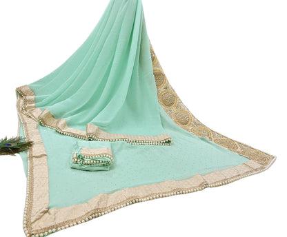 Rare Vintage Sea Green Pure Chiffon Silk Saree Hand Embroidered Mukesh Fabric 6 Yards Sari Bollywood Party Wear Ethnic With Blouse Fabric